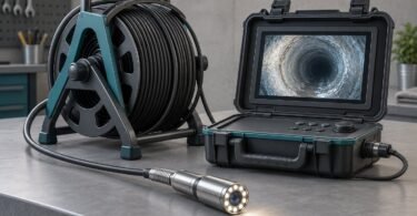 Sewer inspection camera kit with a push-cable reel, monitor case and illuminated camera head.