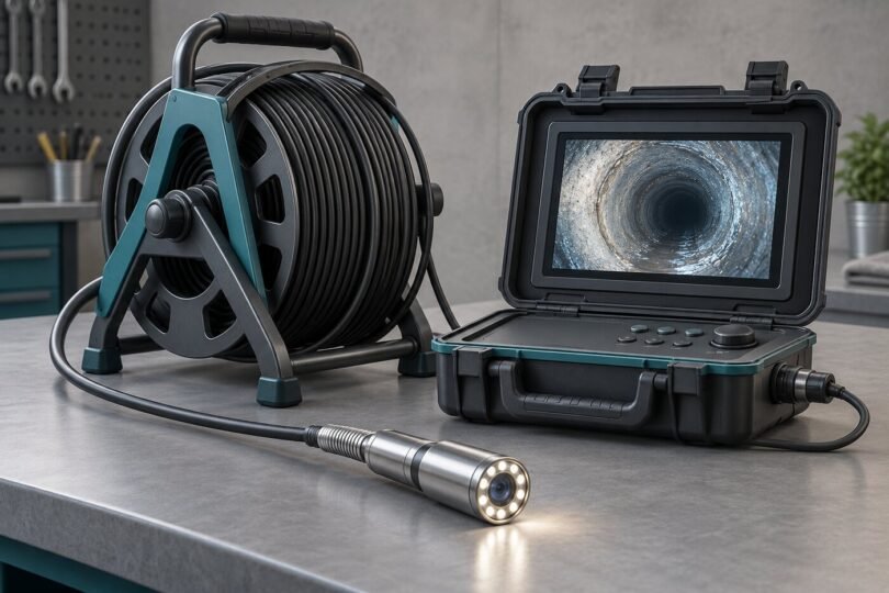Sewer inspection camera kit with a push-cable reel, monitor case and illuminated camera head.