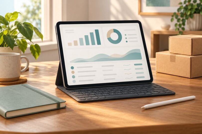 Tablet in a keyboard case displaying an abstract business dashboard beside a stylus and shipping boxes.