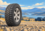 AI-generated editorial illustration of an all-terrain tire with a parked pickup truck in the background.