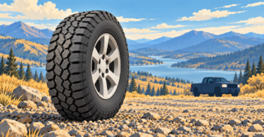 AI-generated editorial illustration of an all-terrain tire with a parked pickup truck in the background.