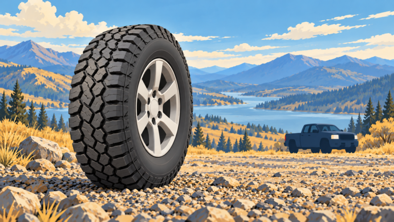 AI-generated editorial illustration of an all-terrain tire with a parked pickup truck in the background.