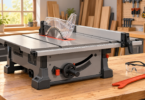 AI-generated illustration of a generic compact table saw with its blade guard fitted on a clear workbench.