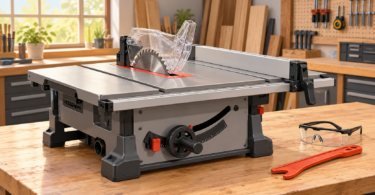 AI-generated illustration of a generic compact table saw with its blade guard fitted on a clear workbench.
