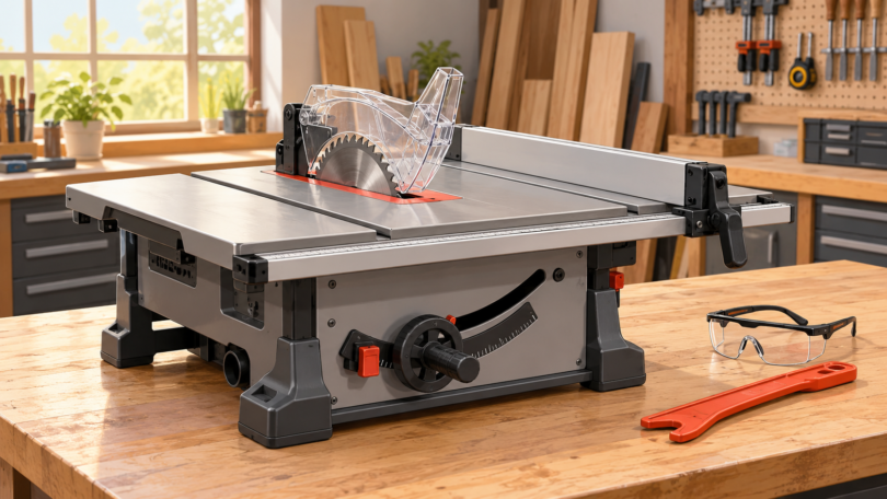 AI-generated illustration of a generic compact table saw with its blade guard fitted on a clear workbench.