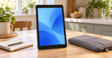 AI-generated illustration of a generic budget tablet with a plain blue screen beside a notebook on a table.