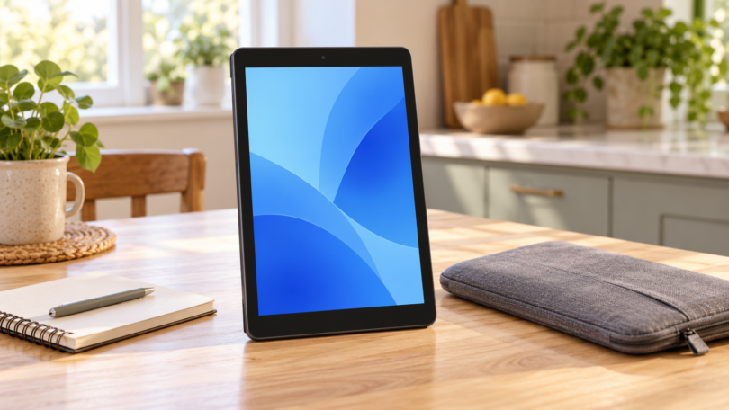 AI-generated illustration of a generic budget tablet with a plain blue screen beside a notebook on a table.