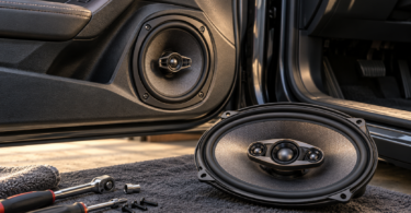 AI-generated illustration of a round speaker in a car door and an oval car speaker on a workshop mat.