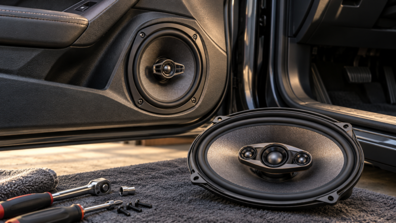 AI-generated illustration of a round speaker in a car door and an oval car speaker on a workshop mat.