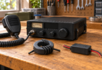 AI-generated illustration of a generic CB radio, microphone, cable-wound ferrite ring and inline filter.