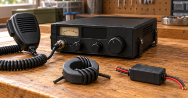 AI-generated illustration of a generic CB radio, microphone, cable-wound ferrite ring and inline filter.