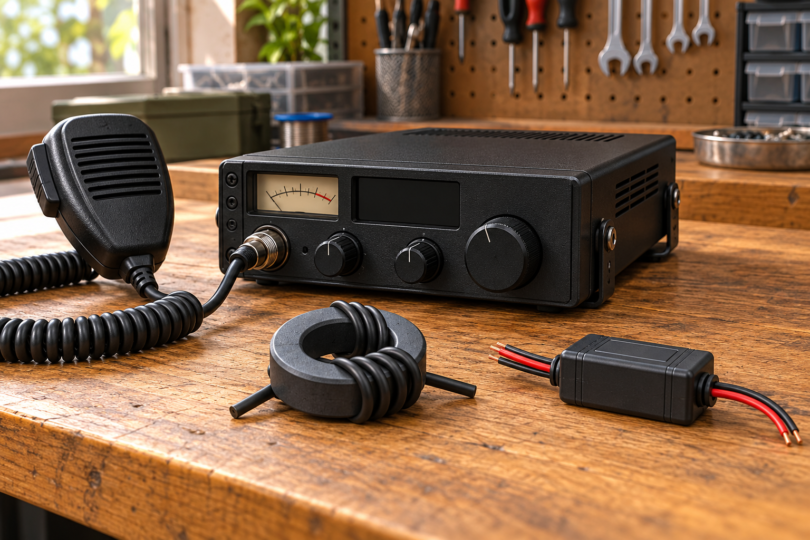 AI-generated illustration of a generic CB radio, microphone, cable-wound ferrite ring and inline filter.