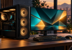 AI-generated illustration of a generic gaming desktop tower beside a monitor, keyboard and mouse.