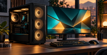 AI-generated illustration of a generic gaming desktop tower beside a monitor, keyboard and mouse.