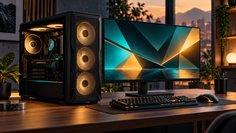 AI-generated illustration of a generic gaming desktop tower beside a monitor, keyboard and mouse.