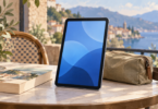 AI-generated illustration of a generic compact tablet beside a paperback and travel pouch.