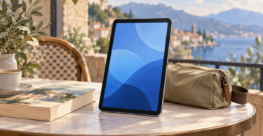 AI-generated illustration of a generic compact tablet beside a paperback and travel pouch.