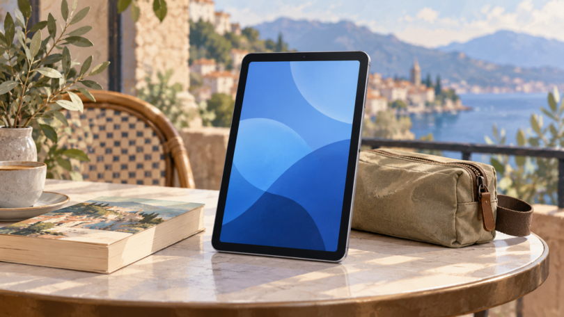 AI-generated illustration of a generic compact tablet beside a paperback and travel pouch.