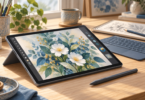 AI-generated illustration of a generic detachable drawing tablet, active stylus and keyboard on an artist's desk.