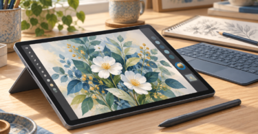 AI-generated illustration of a generic detachable drawing tablet, active stylus and keyboard on an artist's desk.