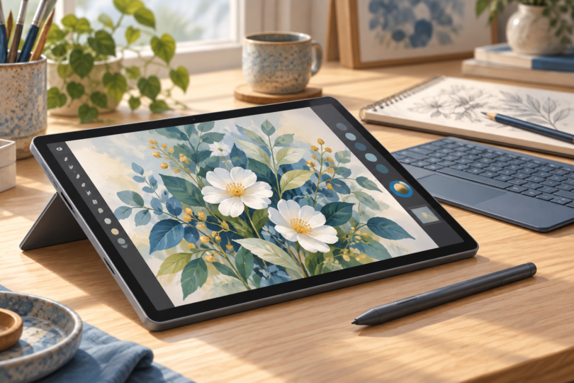 AI-generated illustration of a generic detachable drawing tablet, active stylus and keyboard on an artist's desk.