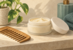 Illustration of an open unbranded pomade jar, its lid and a wooden wide-tooth comb.
