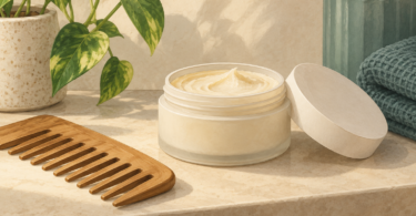 Illustration of an open unbranded pomade jar, its lid and a wooden wide-tooth comb.
