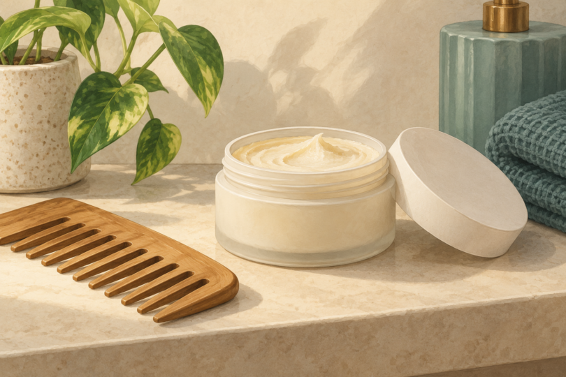 Illustration of an open unbranded pomade jar, its lid and a wooden wide-tooth comb.