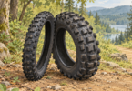 Illustration of two unmounted knobby motorcycle tires resting on earth beside a woodland trail.