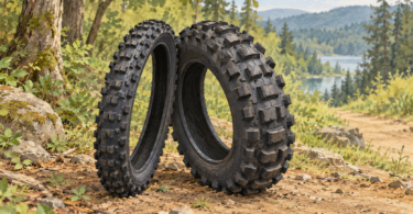Illustration of two unmounted knobby motorcycle tires resting on earth beside a woodland trail.