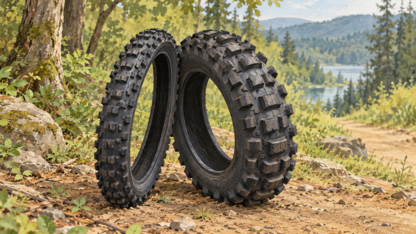 Illustration of two unmounted knobby motorcycle tires resting on earth beside a woodland trail.