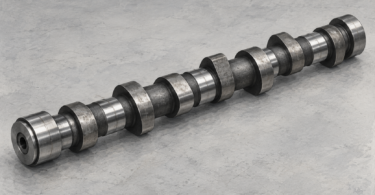 Illustration of a single uninstalled steel camshaft resting on a plain gray tabletop.