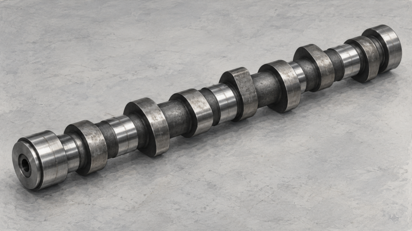 Illustration of a single uninstalled steel camshaft resting on a plain gray tabletop.