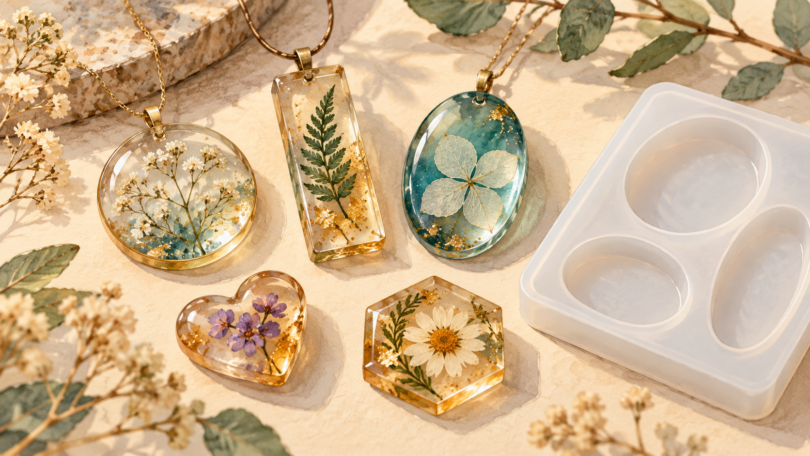 Illustration of finished resin pendants and floral trinkets beside an empty silicone mold.