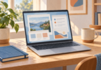 Generic laptop with abstract windows on its screen beside a notebook and mug