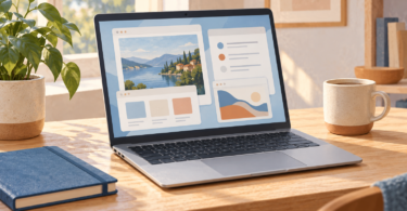 Generic laptop with abstract windows on its screen beside a notebook and mug