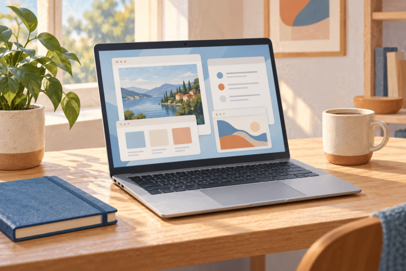 Generic laptop with abstract windows on its screen beside a notebook and mug