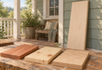 Unfinished wood boards and a blank porch sign on a workbench