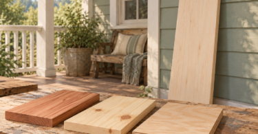 Unfinished wood boards and a blank porch sign on a workbench