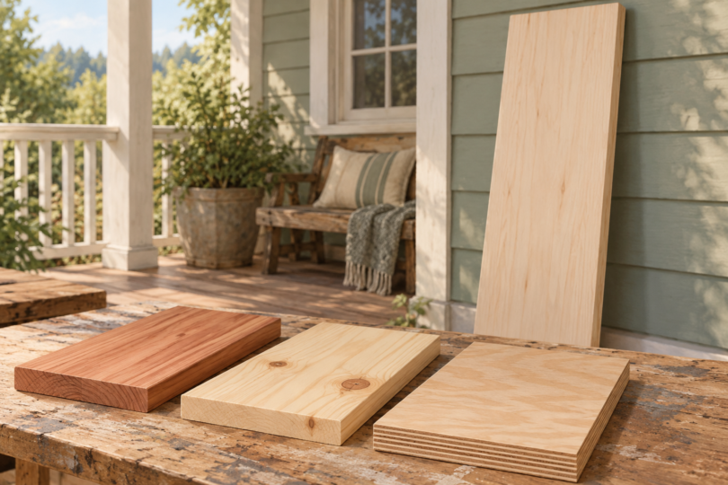Unfinished wood boards and a blank porch sign on a workbench