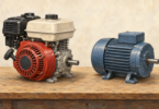 Original editorial illustration of a small horizontal-shaft gasoline engine beside a separate electric motor; not specific products.