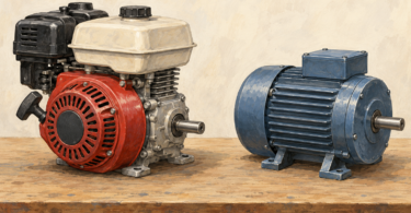 Original editorial illustration of a small horizontal-shaft gasoline engine beside a separate electric motor; not specific products.