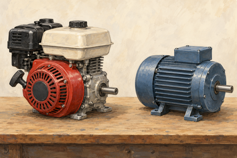 Original editorial illustration of a small horizontal-shaft gasoline engine beside a separate electric motor; not specific products.