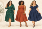 Original editorial illustration of plus-size women wearing wrap, A-line and fit-and-flare dresses; not specific products.