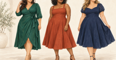 Original editorial illustration of plus-size women wearing wrap, A-line and fit-and-flare dresses; not specific products.
