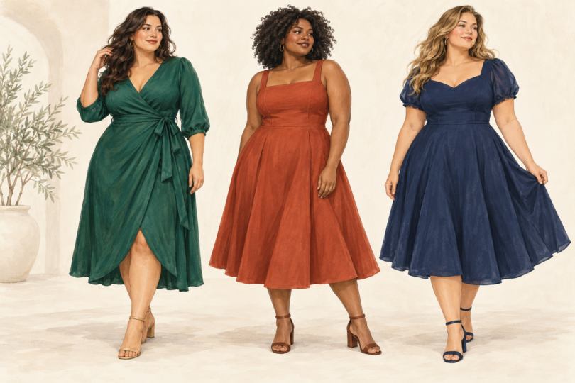 Original editorial illustration of plus-size women wearing wrap, A-line and fit-and-flare dresses; not specific products.