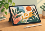 Illustration of a standalone art tablet displaying an original botanical drawing, with a stylus on the desk.