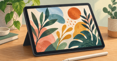 Illustration of a standalone art tablet displaying an original botanical drawing, with a stylus on the desk.