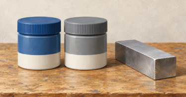 Illustration of two closed generic adhesive containers beside a separate rectangular metal offcut.