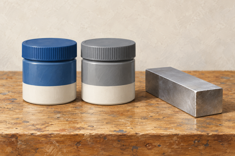 Illustration of two closed generic adhesive containers beside a separate rectangular metal offcut.